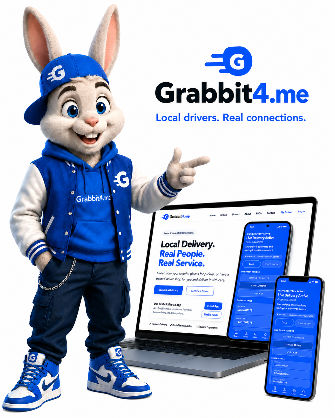 Grabbit4.me bunny mascot beside laptop and phone showing the live delivery control center